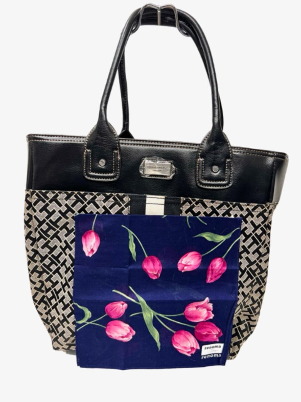 New-Everyday Tommy Hilfiger  Black/ White Logo Tote Bag +New Renoma Kerchief (10 - Picture 12 of 13